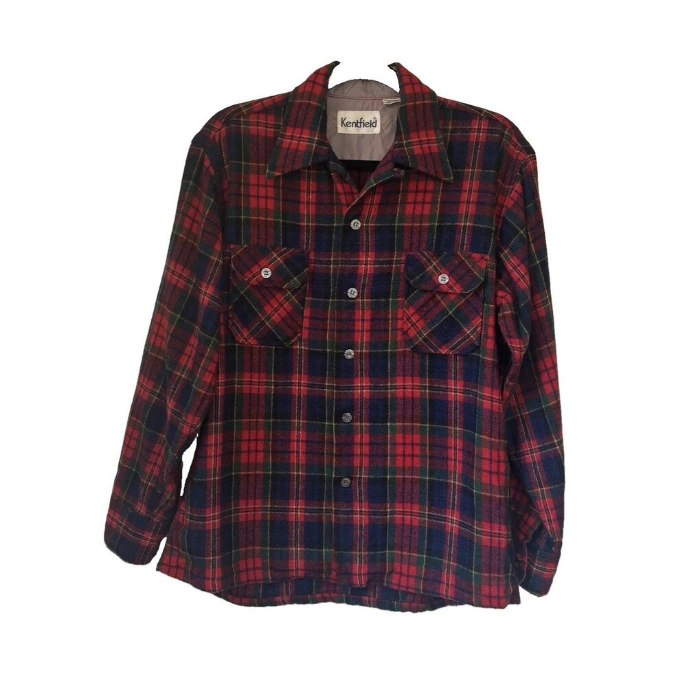 Vintage 70s 80s Kentfield Wool Blend Plaid Shirt Mens M Red Navy Flannel Board